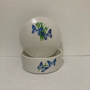 FTD, Inc Floral Dish Trinket round w/Lid White w/Blue Butterflies 6" diameter.
